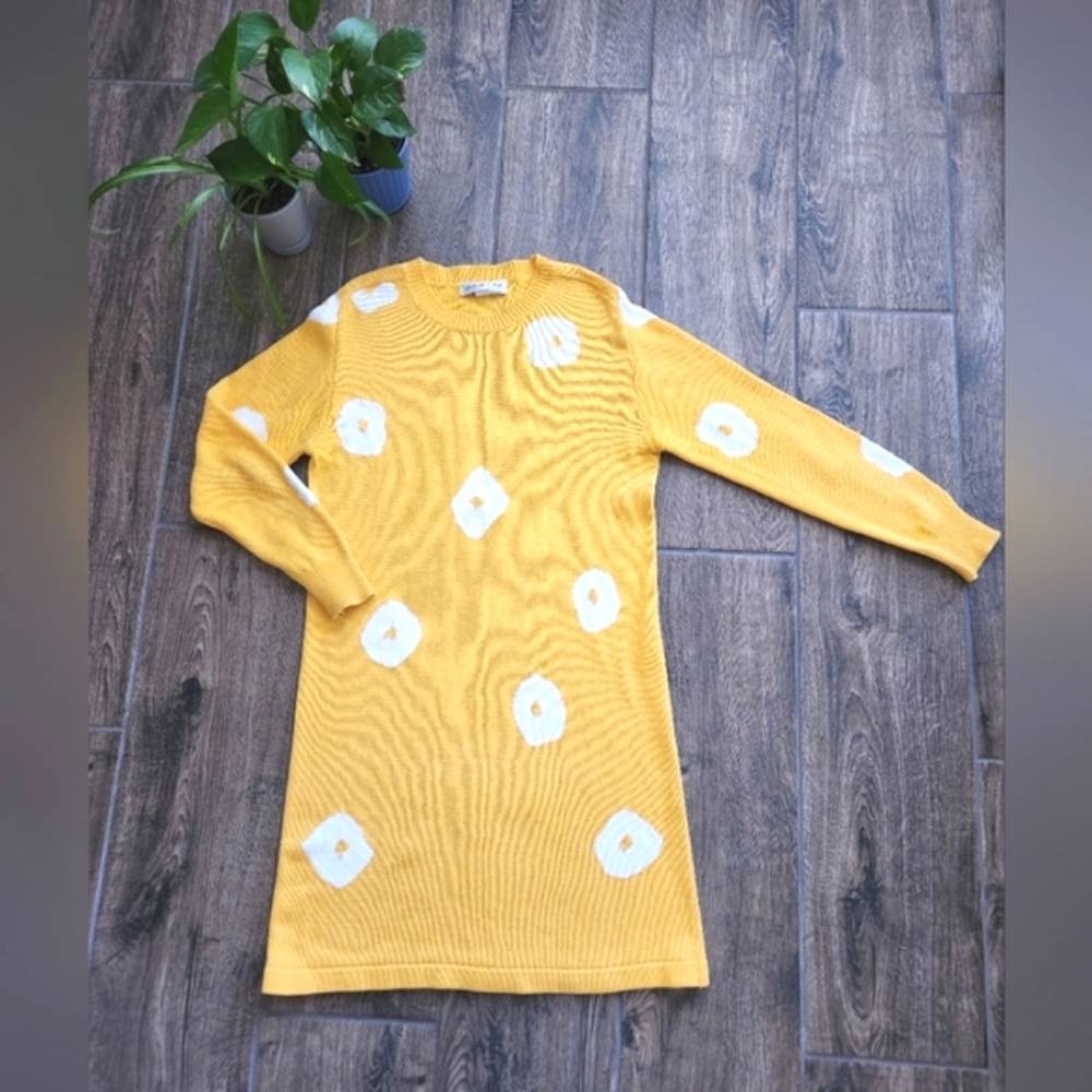 Vintage 90's Outlander knit sweater dress in golden yellow and white spots